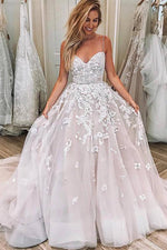 Romantic Long Spaghetti Strap A-line Ivory Wedding Dress with Lace