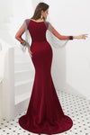 Mermaid Burgundy Long Sleeves Long Prom Dress with Tassel