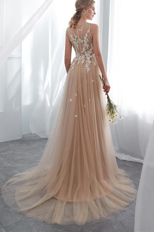 Gorgeous Long Champagne Prom Dress with White Lace Appliques