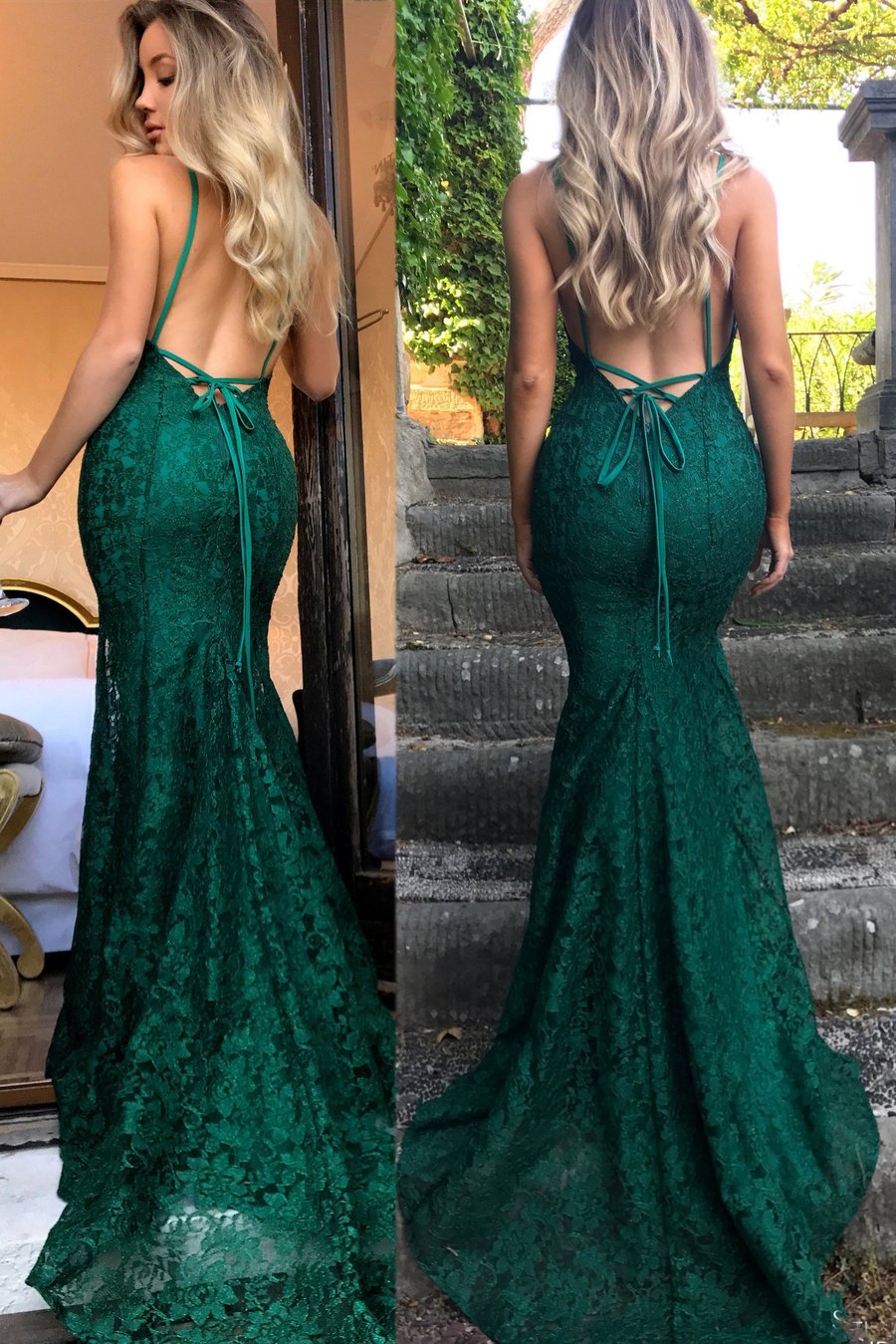 Emerald Green Lace Mermaid Prom Dress with Open Tie Back – FancyVestido
