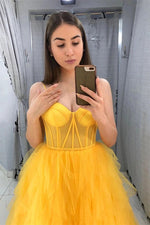 Spaghetti Straps Yellow Tulle Long Formal Dress