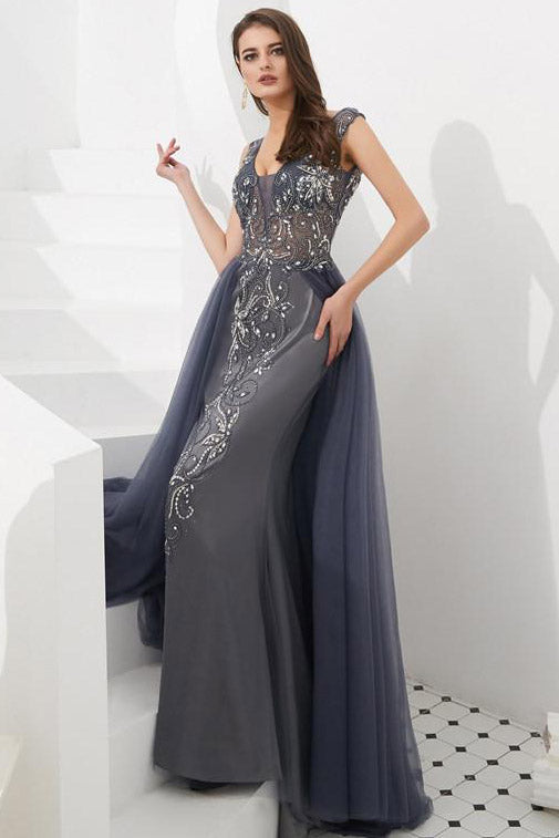 Elegant Grey Beaded Long Prom Dress with Open Back