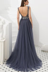 Elegant Grey Beaded Long Prom Dress with Open Back