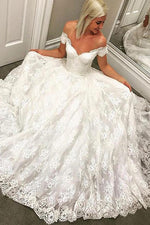 Princess Long Off Shoulder A-line Ivory Wedding Dress with Lace