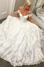 Princess Long Off Shoulder A-line Ivory Wedding Dress with Lace