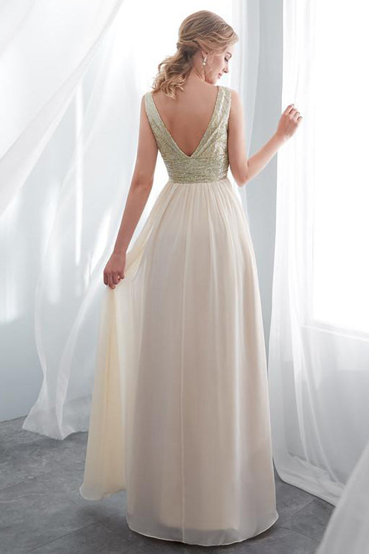 A-Line Champagne Sequins Long Prom Dress