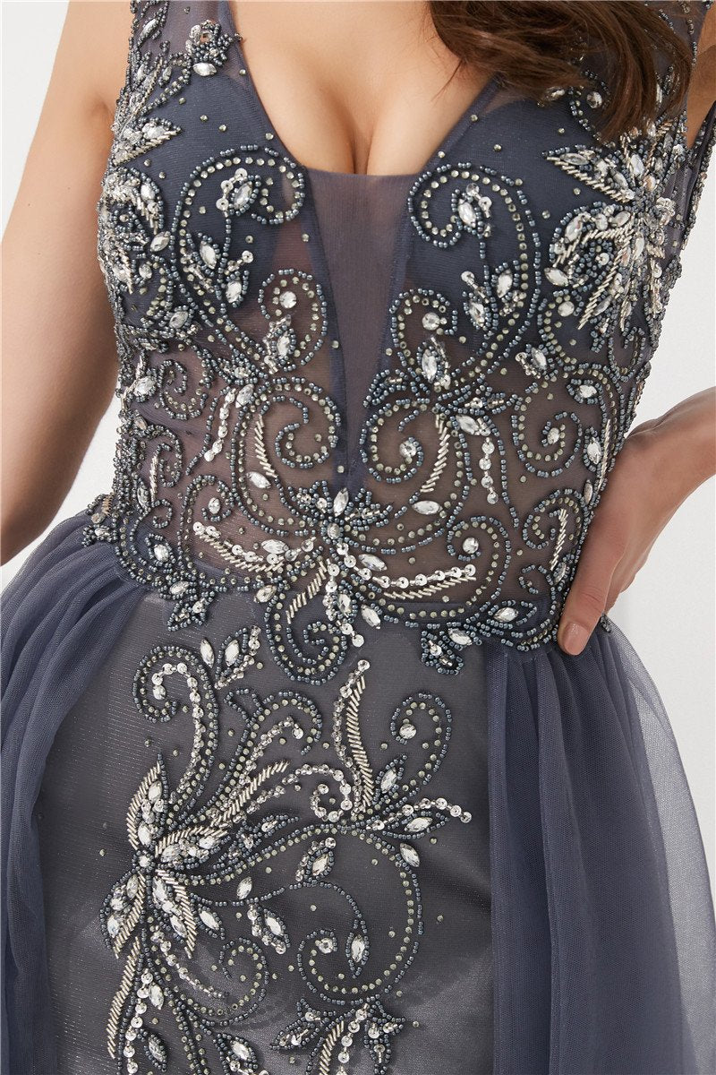 Elegant Grey Beaded Long Prom Dress with Open Back