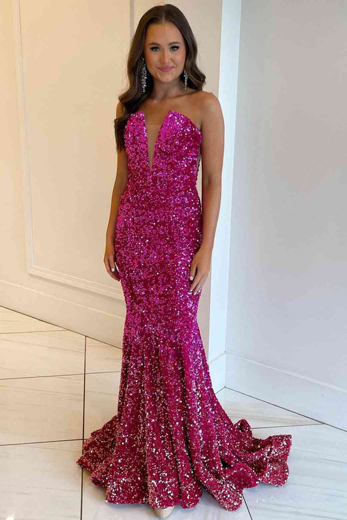 Strapless Fuchsia Mermad Sequins Long Prom Dress