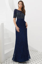 Navy Blue Beaded Long Prom Dress with Half Sleeves