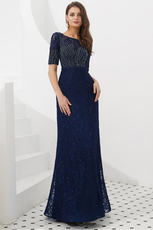 Navy Blue Beaded Long Prom Dress with Half Sleeves  FancyVestido