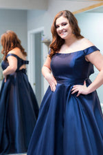 Plus Size Off Shoulder Navy Blue Long Prom Dress
