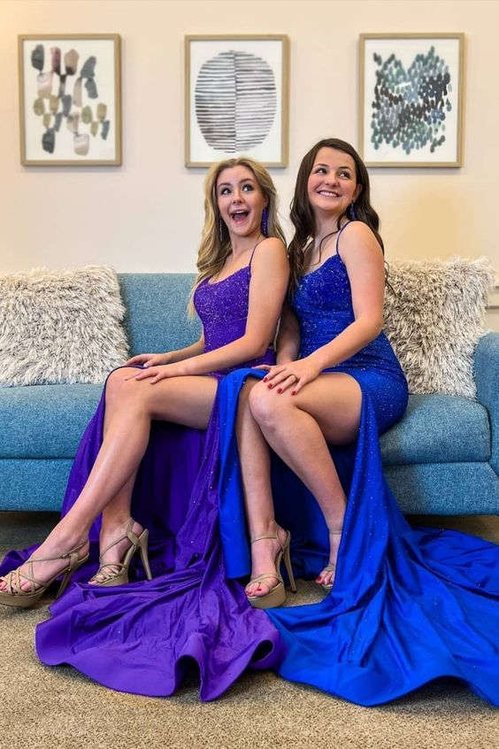 Royal Blue Beaded High Slit Mermaid Prom Dress FancyVestido Royal Blue Beaded High Slit Mermaid Prom Dress FancyVestido