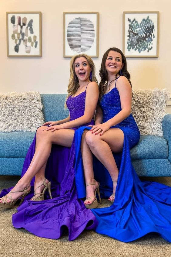 Royal Blue Beaded High Slit Mermaid Prom Dress – FancyVestido