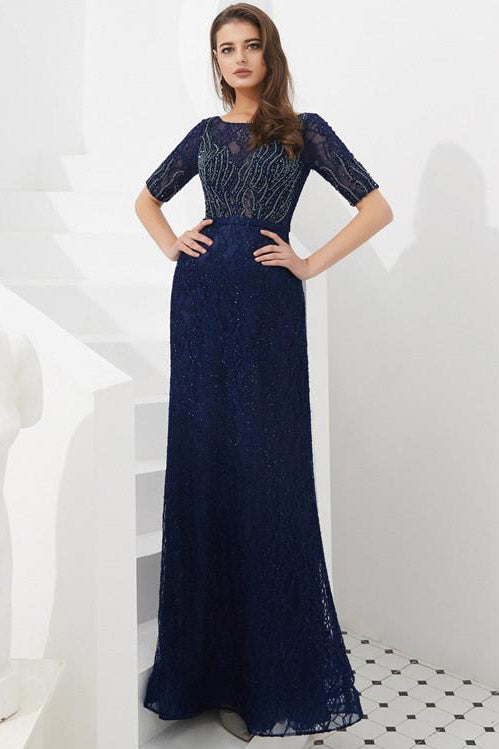 Navy Blue Beaded Long Prom Dress with Half Sleeves FancyVestido Navy Blue Beaded Long Prom Dress with Half Sleeves FancyVestido