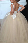 Ball Gown Champagne Appliqued Long Flower Girl Dress