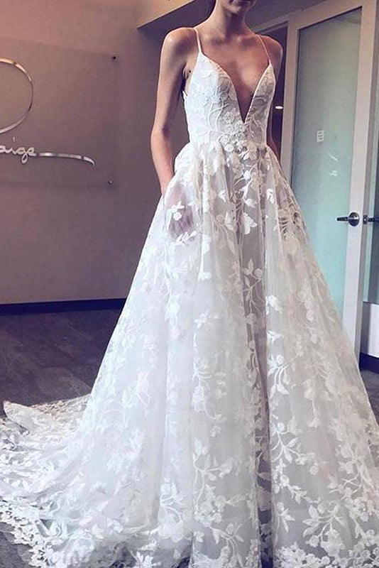 Long Spaghetti Strap A-line White Wedding Dress with Pockets FancyVestido Long Spaghetti Strap A-line White Wedding Dress with Pockets FancyVestido
