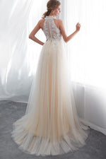 High Neck Lace Champagne Long Prom Dress
