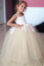 Ball Gown Champagne Appliqued Long Flower Girl Dress