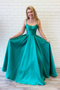 Boat Spaghetti Straps A-Line Satin Maxi Party Prom Dress
