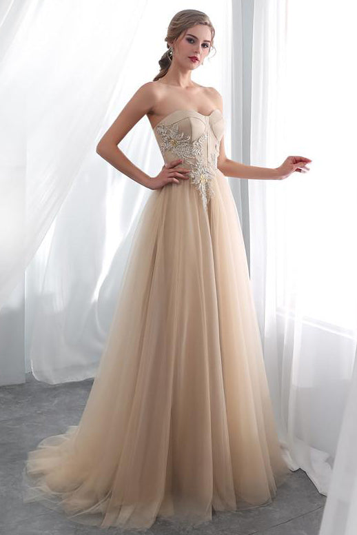 Lace Long Appliques Champagne Tulle Prom Dress Lace Long Appliques Champagne Tulle Prom Dress