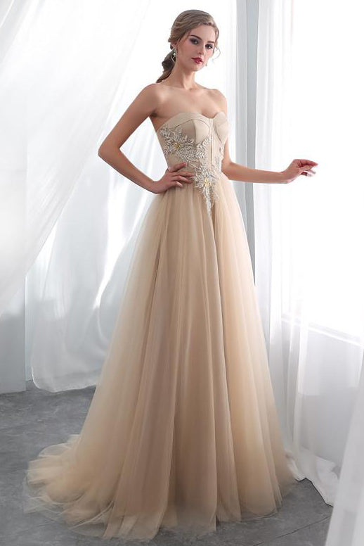 Sweetheart Appliques Champagne Long Prom Dress with Lace-Up Back