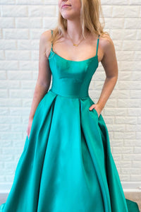 Boat Spaghetti Straps A-Line Satin Maxi Party Prom Dress