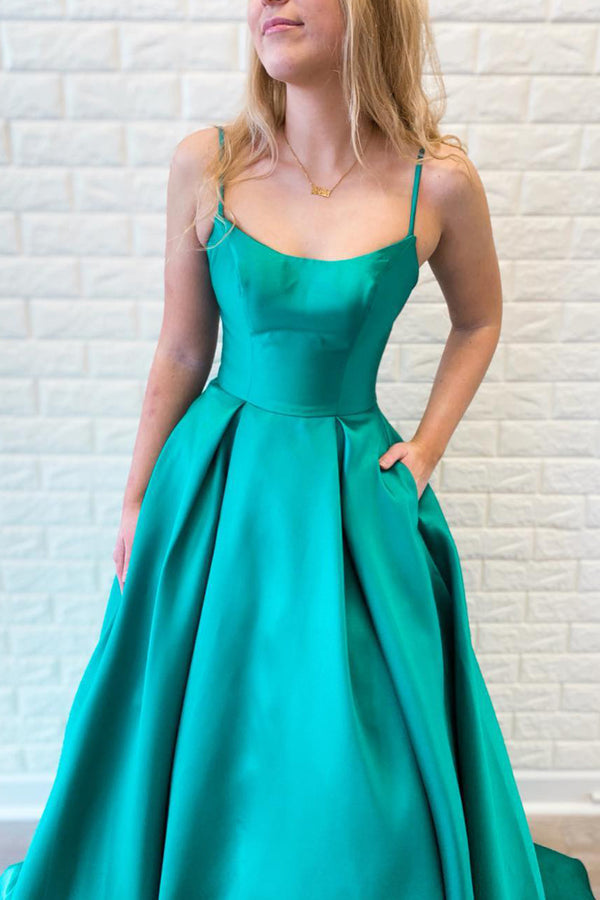 Boat Spaghetti Straps A-Line Satin Maxi Party Prom Dress