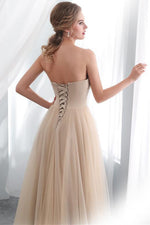 Sweetheart Appliques Champagne Long Prom Dress with Lace-Up Back