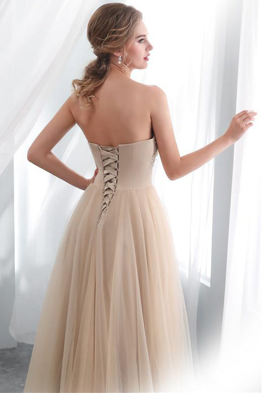 Sweetheart Appliques Champagne Long Prom Dress with Lace-Up Back