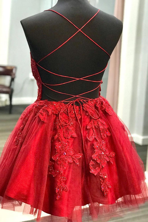 Strappy Lace Appliqued Red Short Homecoming Dress