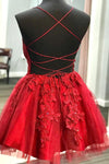 Strappy Lace Appliqued Red Short Homecoming Dress