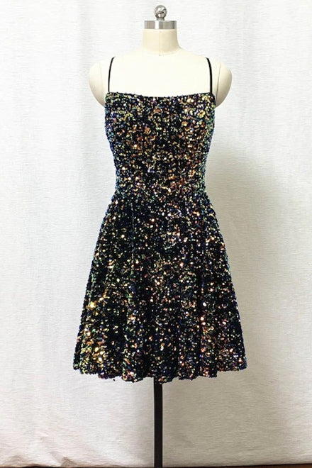 Tie Back Short Black Sequins Homecoming Dress