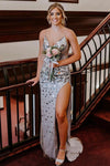 Elegant Silver Sequins Long Prom Dress with High Slit