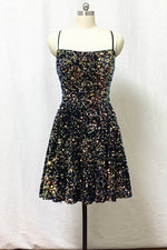 Tie Back Short Black Sequins Homecoming Dress