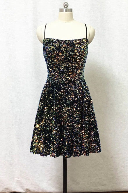homecoming dresses dry goods Tie Back Short Black Sequins Homecoming Dress – FancyVestido