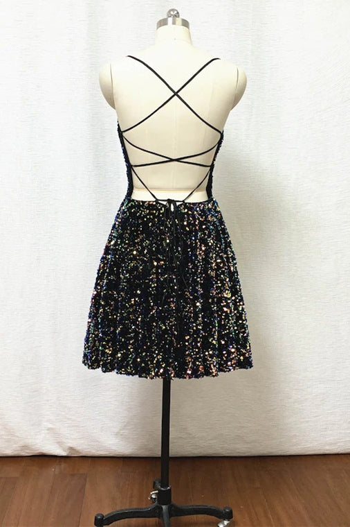 Tie Back Short Black Sequins Homecoming Dress