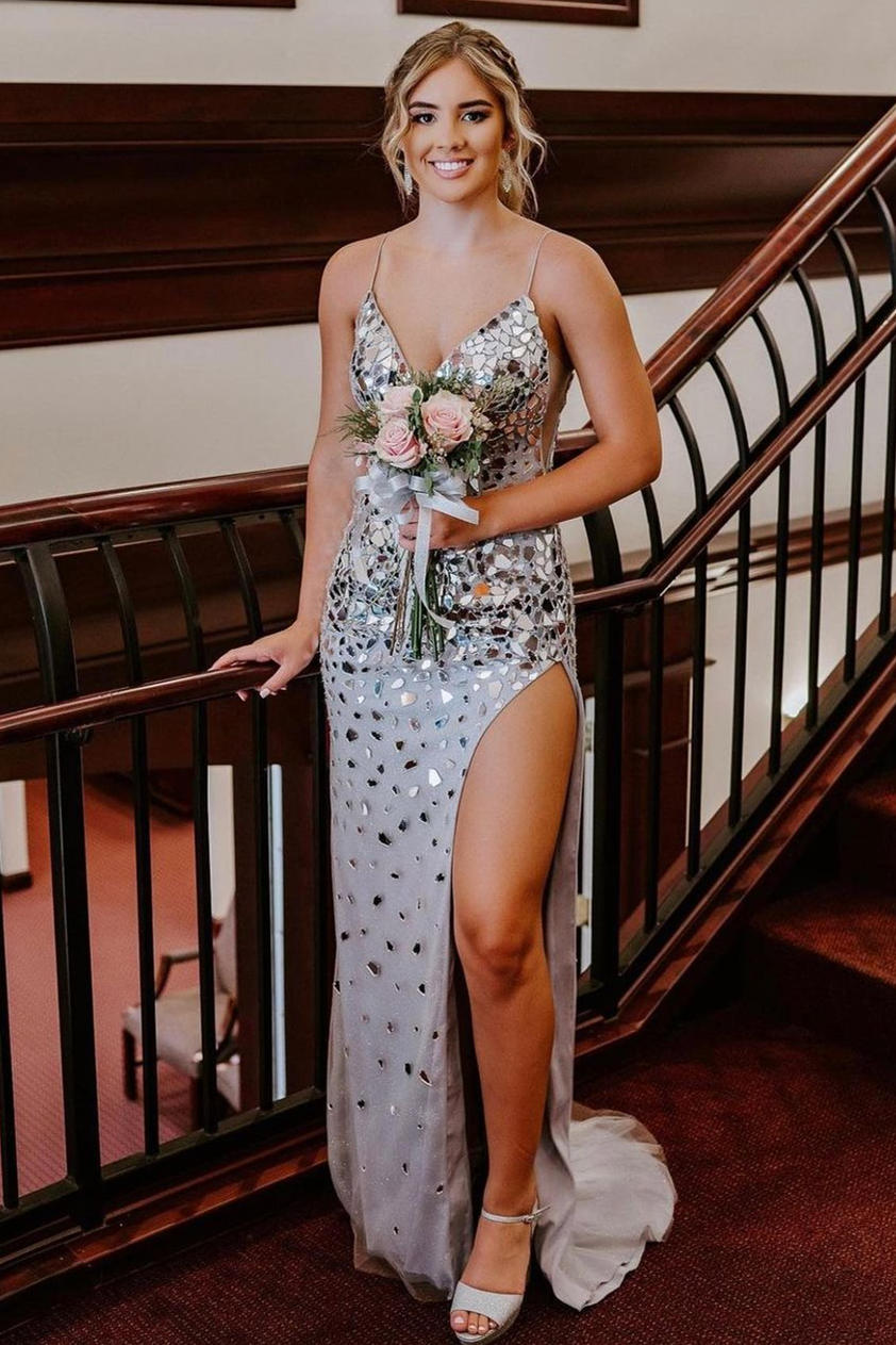 Elegant Silver Sequins Long Prom Dress with High Slit – FancyVestido