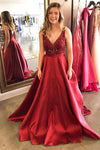 V-Back Beaded Floor Length Red Prom Dress with Pockets