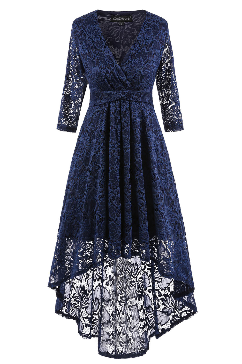 Asymmetry V-Neck Lace Navy Blue Party Dress