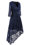 Asymmetry V-Neck Lace Navy Blue Party Dress