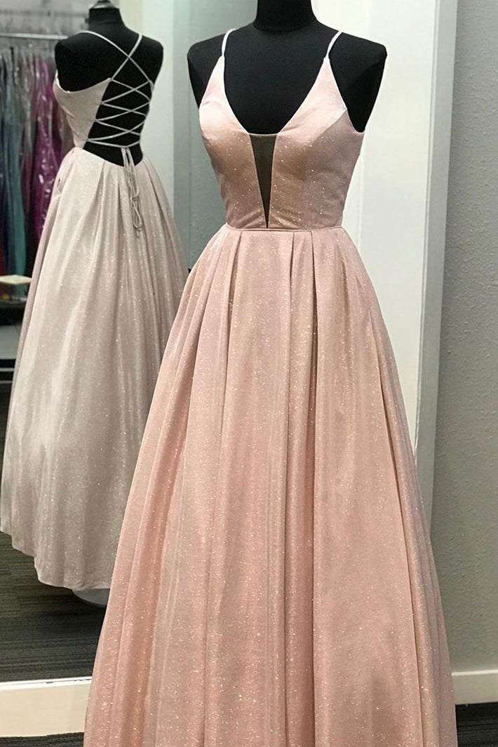 Glitter Lace-up Blush Pink Long Prom Dress