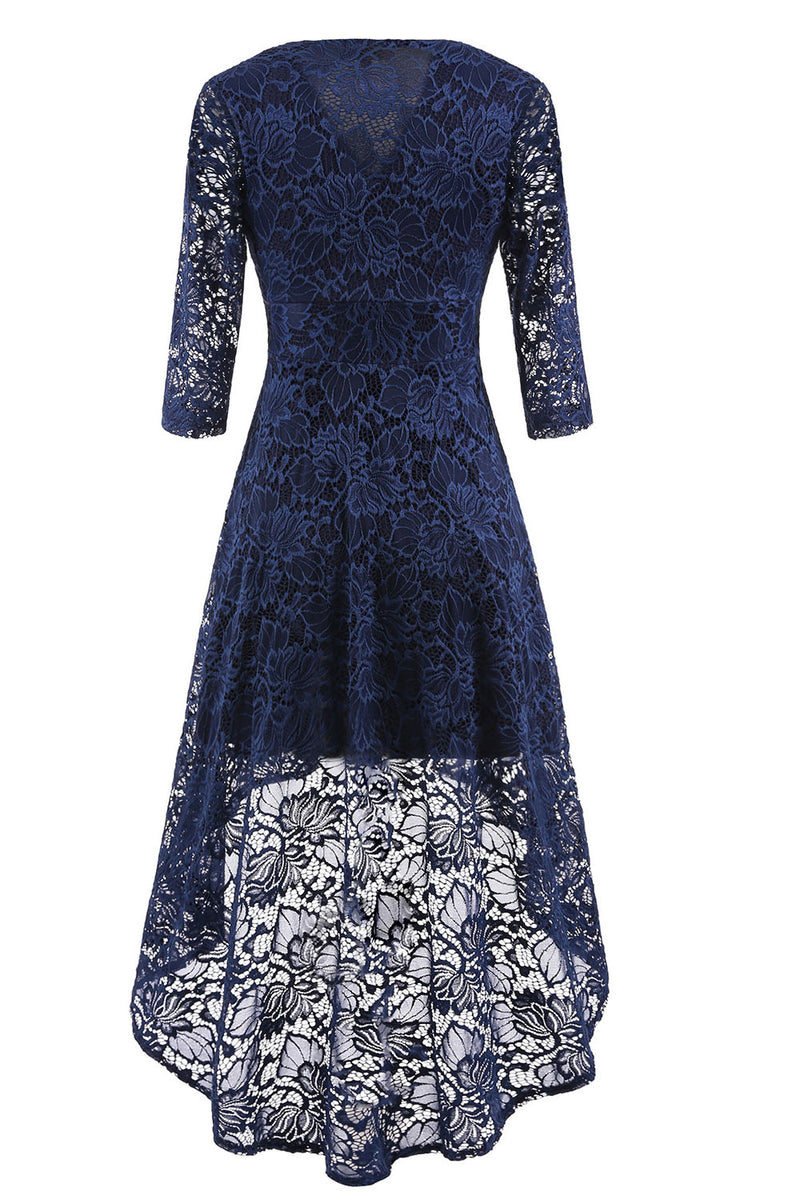 Asymmetry V-Neck Lace Navy Blue Party Dress