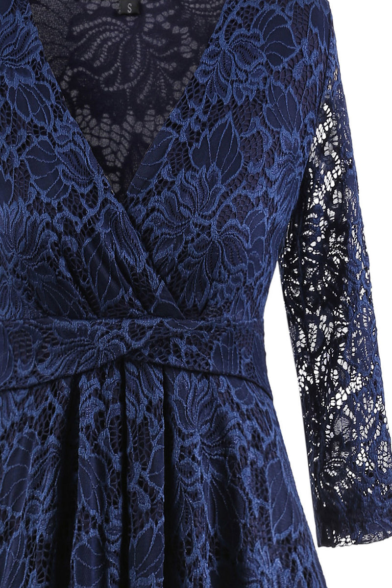 Asymmetry V-Neck Lace Navy Blue Party Dress