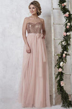 Convertible Rose Gold Long Bridesmaid Dress with Sequins