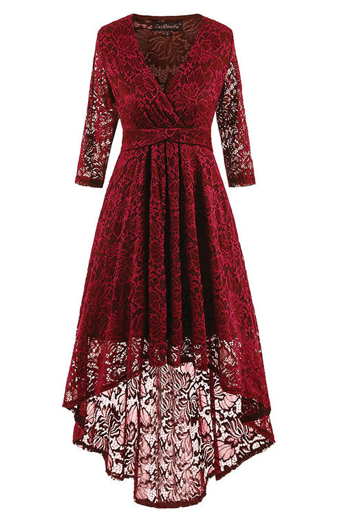 Asymmetry V-Neck Lace Navy Blue Party Dress