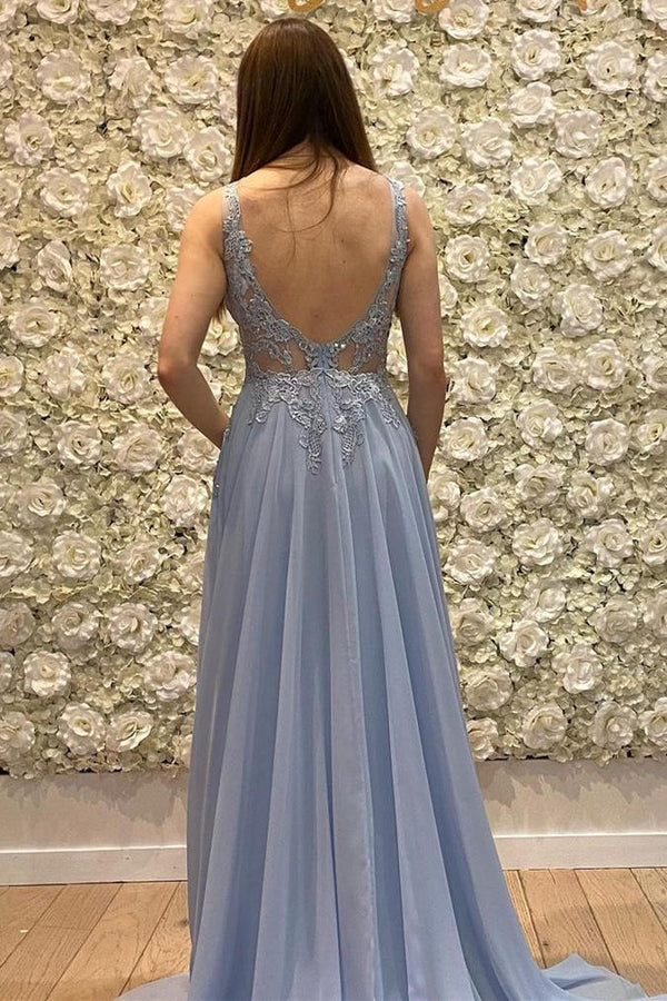 Doublue V-Neck Lilac Appliqued Long Prom Dress