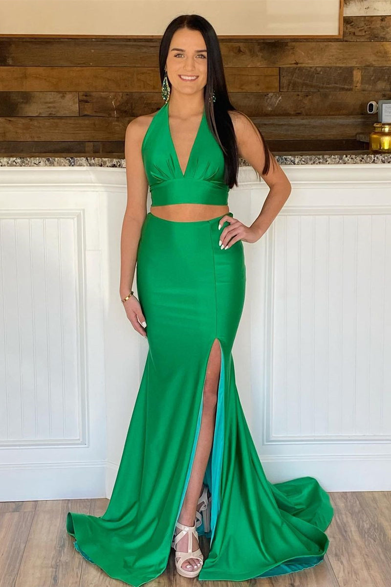 Green Halter Mermaid Long Prom Gown with Slit