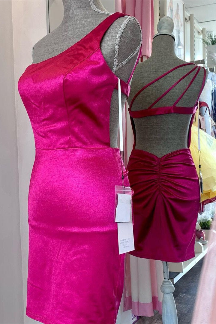 One Shoulder Backless Fuchsia Tight Party Dress