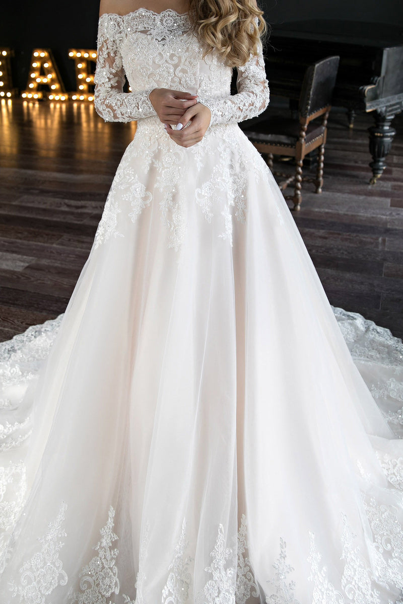 Illusion Long Sleeve High-neck White Lace Wedding Gown - VQ