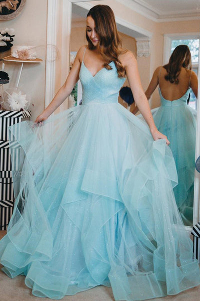 Glittery Sky Blue V-Neck Layered Tulle A-Line Evening Gown